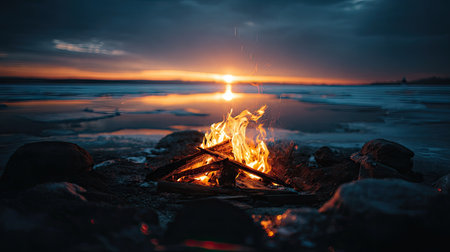Bonfire on the beach at sunset. Camping on the shore of the lake.の素材