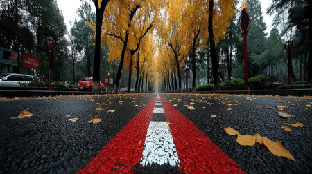 Autumn road with yellow trees and red line in Beijing, Chinaの素材