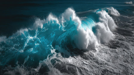 Blue ocean wave breaking on the beach. 3d render illustration.の素材