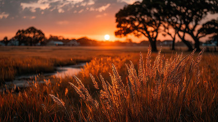 Sunset over a field of grass and trees in the background.の素材