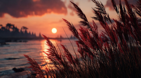 Beautiful sunset over the sea with red reed grass in foregroundの素材