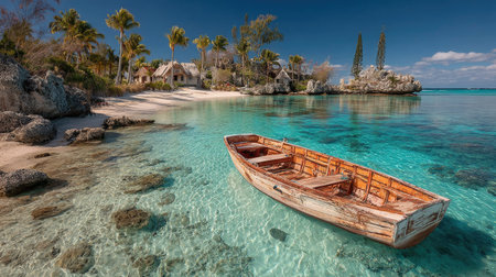 Wooden boat in the turquoise lagoon of Cayo Largo, Cubaの素材