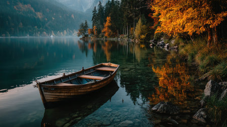 Boat on the shore of a lake in autumn, Austria.の素材