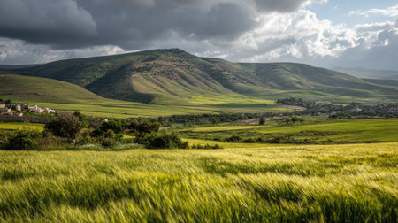 Rural landscape with green wheat field and cloudy sky in Sicily, Italyの素材