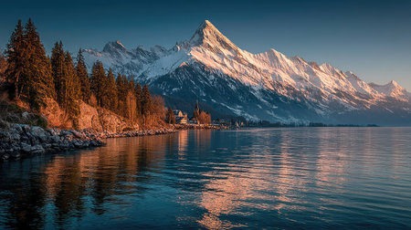Mountain lake in the evening. Lake Lucerne, Switzerlandの素材