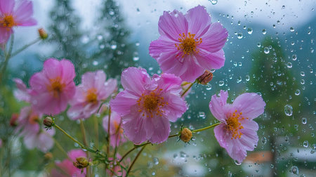 Beautiful cosmos flowers with raindrops on the window. Nature background.の素材
