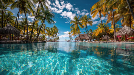 Tropical beach with palm trees and bungalows in Maldivesの素材