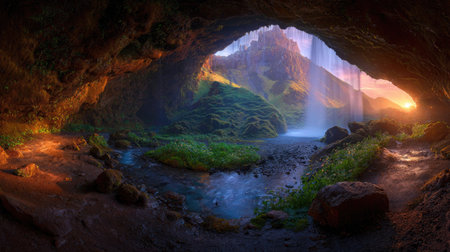 Fantasy landscape with a waterfall in a cave. 3d renderingの素材