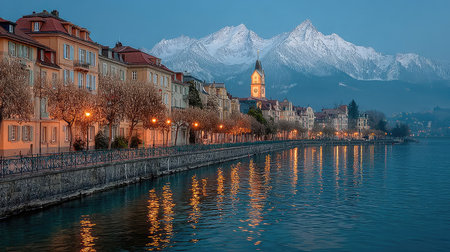 Panoramic view of Lucerne at sunrise. Lucerne is the capital and largest city of Switzerland.の素材