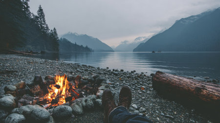 Camping on the shore of a mountain lake with a view of the mountains.の素材