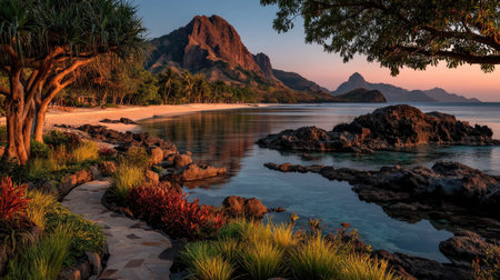Tropical beach with palm trees and rocks at sunset, Palawan, Philippinesの素材