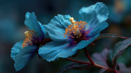 Blue hibiscus flowers on a dark background close-upの素材