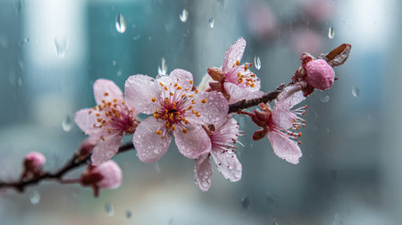 cherry blossom with water drops on the background of a windowの素材