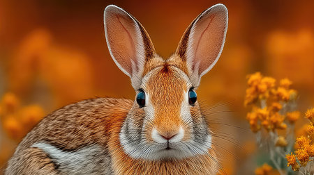 Rabbit in a meadow with yellow flowers. 3d renderingの素材