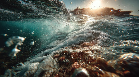 Underwater view of breaking wave with splashes of water and sunlight.の素材