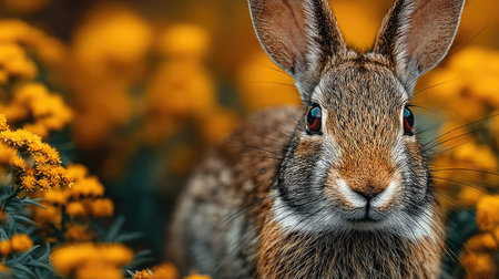 Rabbit with yellow flowers in the meadow. Close-up.の素材