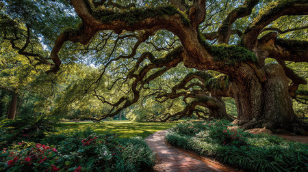 Old oak trees in the botanical garden in Savannah, Georgia.の素材