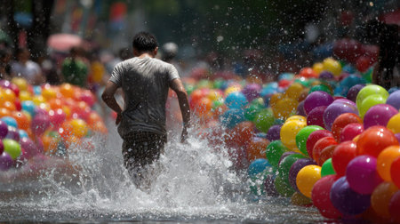 People playing water ball in Songkran festival, Bangkok, Thailandの素材