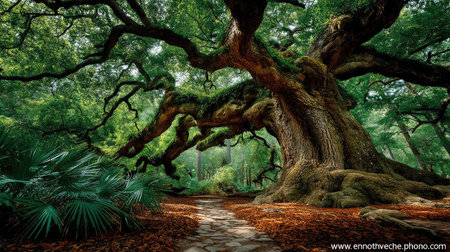 Huge old oak tree in the forest. 3D rendering.の素材