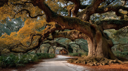 Old oak tree tunnel in the forest. 3D Rendering.の素材