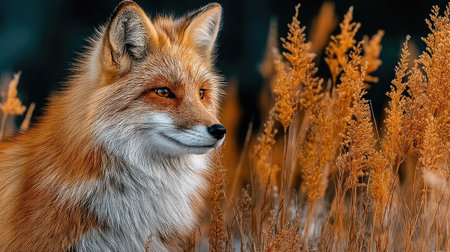 Portrait of a red fox in the autumn grass at sunset.の素材