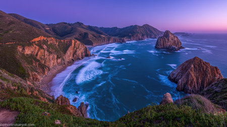 Aerial view of Big Sur coastline at sunset, California, USAの素材