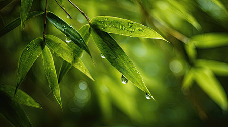 Bamboo leaves with dew drops, close up. Nature backgroundの素材