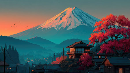 Mount Fuji in the morning, Japan. Vector illustration. Digital painting.の素材