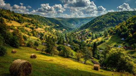 Panoramic view of village in Carpathian mountains, Ukraineの素材