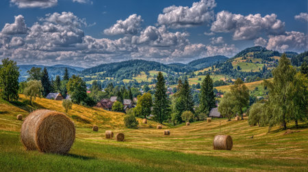 Summer mountain landscape with hay bales on the meadow and villageの素材