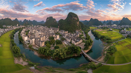 Panoramic aerial view of Yangshuo, Guilin, Chinaの素材