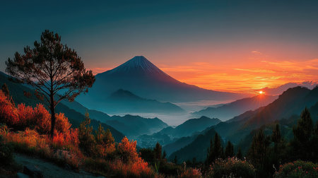 Mt. Fuji at sunrise in the morning, Japan. Beautiful mountain landscape.の素材