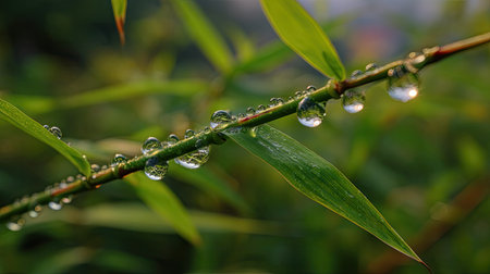 Bamboo leaves with dew drops in the morning, Thailand.の素材