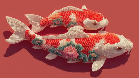 Koi fish on a red background. 3d rendering, 3d illustration.の素材