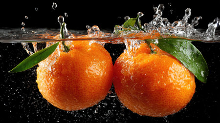 Tangerines falling into water with splash, isolated on black backgroundの素材