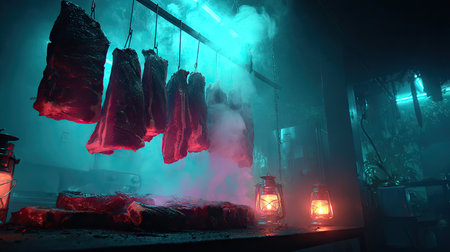Hanging sausages in the smoke on a dark background.の素材