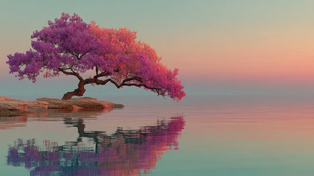 beautiful tree on the seashore at sunset. 3d renderの素材