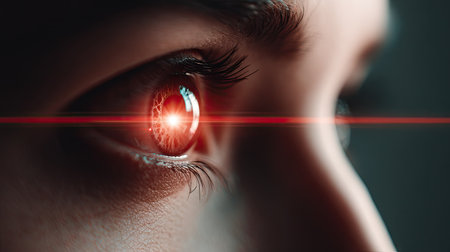 Close up of female eye with red laser light effect. 3D renderingの素材