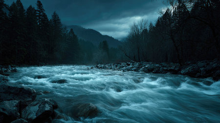Mountain river in the forest at night with fog and clouds.の素材