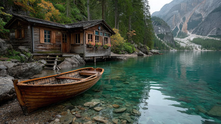 Wooden house and boat on Lake Braies, Dolomites, Italyの素材