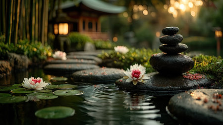 Zen garden with lotus flower and pebbles in the waterの素材
