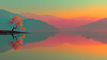 Landscape with lake and mountains at sunset, 3d render.の素材