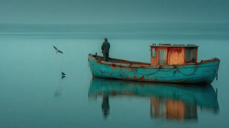 Fishing boat in the sea with a seagull in the backgroundの素材