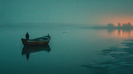 Fishing boat on the lake in the mist at sunset. Toned.の素材