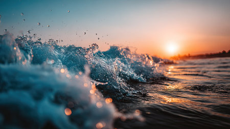 Splashes of water at sunset on the background of the sea.の素材