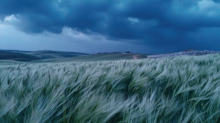 Panoramic view of wheat field with stormy clouds in backgroundの素材