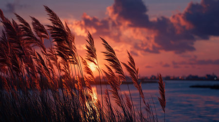 Sunset over the sea with reeds in the foreground and colorful skyの素材