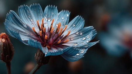 Beautiful blue cornflower with water drops on the petals.の素材