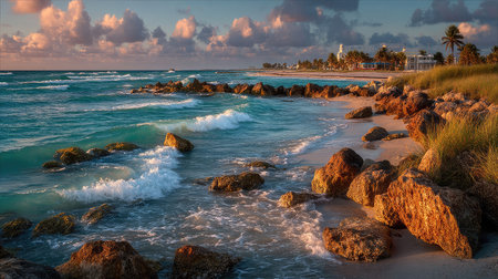 Tropical beach with rocks and turquoise water at sunsetの素材