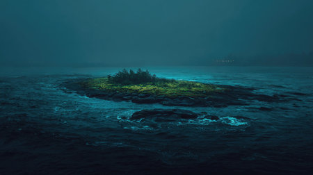 Aerial view of a green island in the middle of the seaの素材